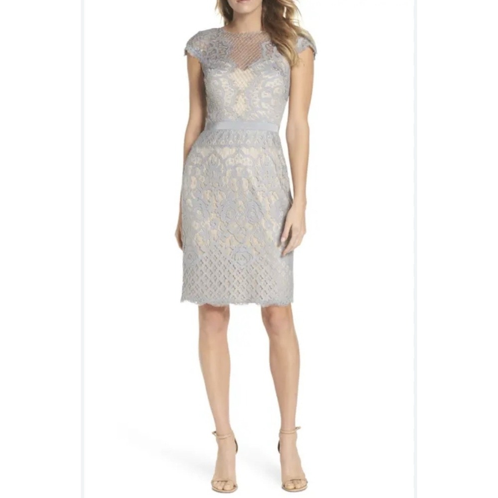 tadashi shoji Lace Knee Length Dress Mist Grey Sz 10 Lined Wedding Designer